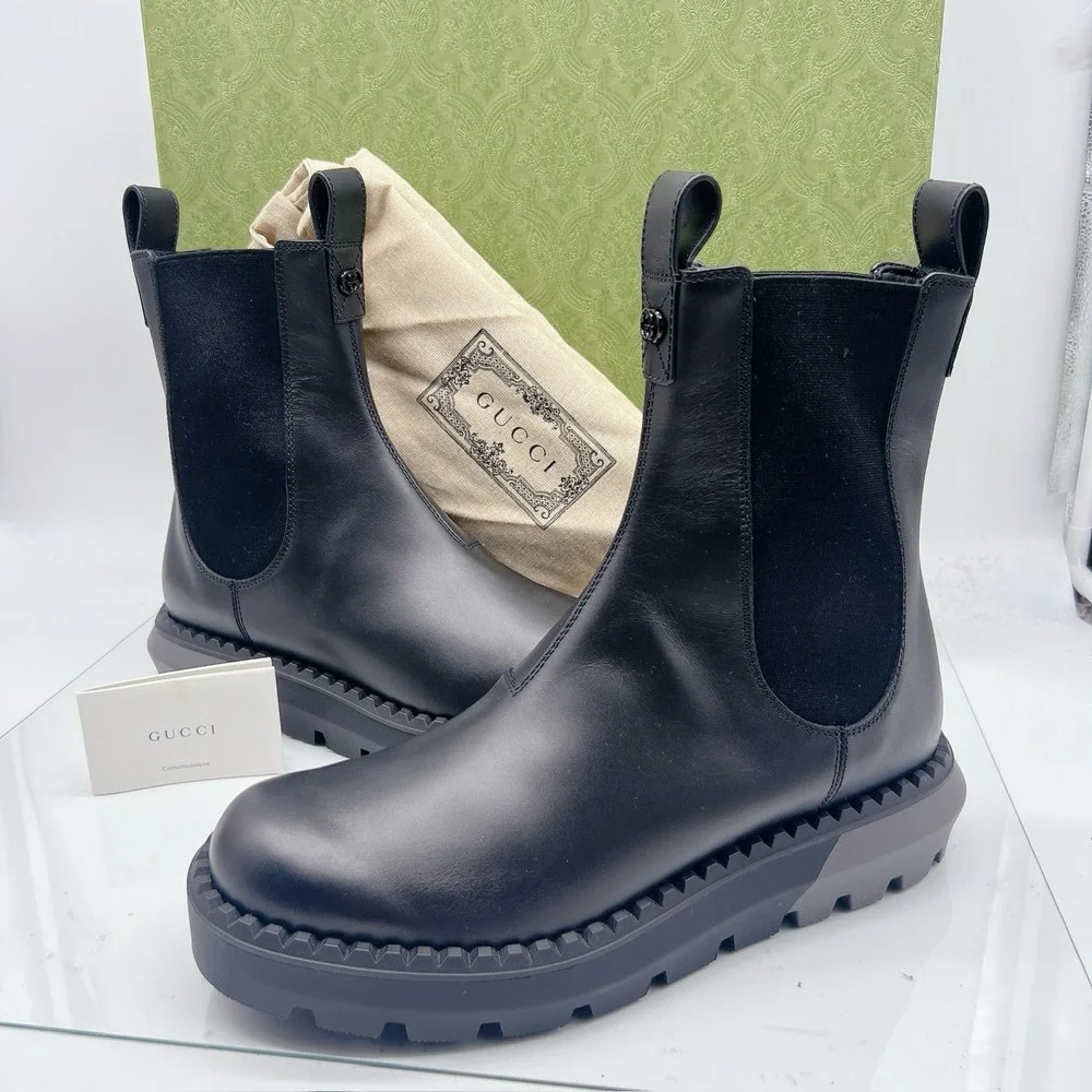 Gucci Chelsea Leather Interlocking GG Ankle Boots Black Men's UK 10.5 US 11